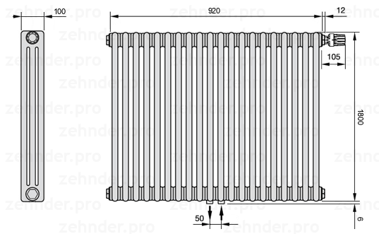 Схема (чертеж) Радиатор Zehnder Charleston 3180/20 №V008 Technoline TL